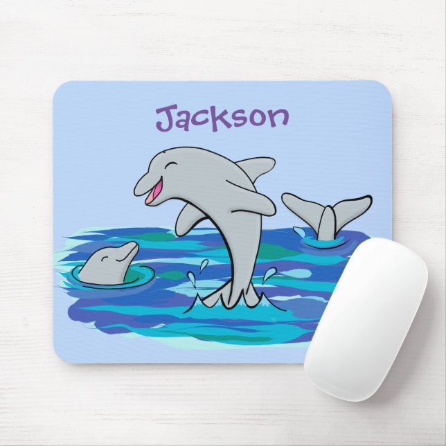 Adorable happy dolphins cartoon illustration mouse mat (With Mouse)