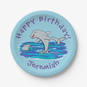 Adorable happy dolphins cartoon illustration paper plate