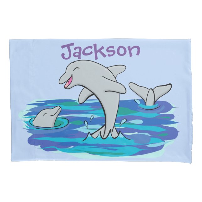 Adorable happy dolphins cartoon illustration pillowcase (Front)