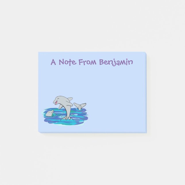 Adorable happy dolphins cartoon illustration post-it notes (Front)