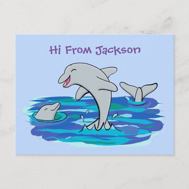 Adorable happy dolphins cartoon illustration postcard (Front)