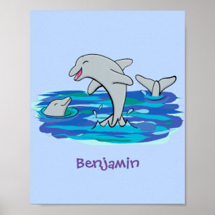 Adorable happy dolphins cartoon illustration poster