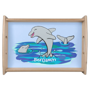 Adorable happy dolphins cartoon illustration serving tray