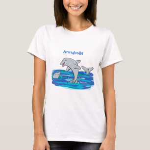 Adorable happy dolphins cartoon illustration T-Shirt