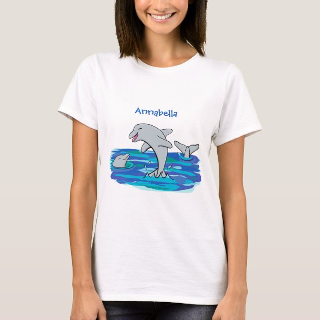 Adorable happy dolphins cartoon illustration T-Shirt (Front)