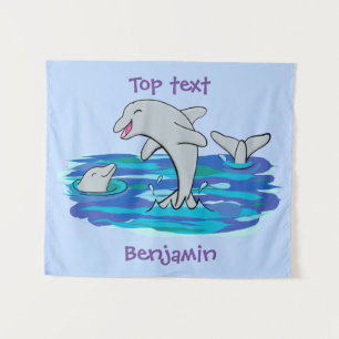 Adorable happy dolphins cartoon illustration  tapestry