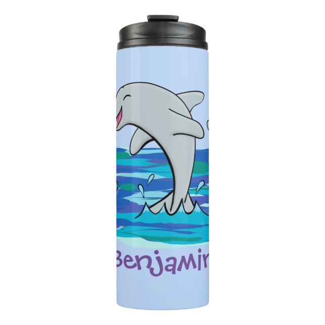 Adorable happy dolphins cartoon illustration thermal tumbler (Front)