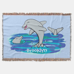 Adorable happy dolphins cartoon illustration throw blanket