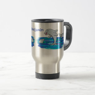 Adorable happy dolphins cartoon illustration travel mug