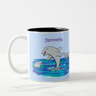 Adorable happy dolphins cartoon illustration Two-Tone coffee mug