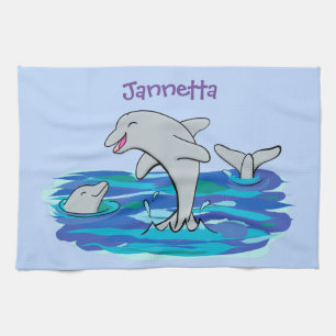 Adorable happy dolphins cartoon personalised tea towel