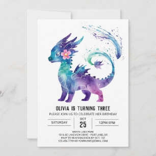 Adorable Happy Dragon Digital Girl Birthday Invitation