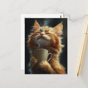 Adorable Happy Ginger Kitten With a Coffee Postcard