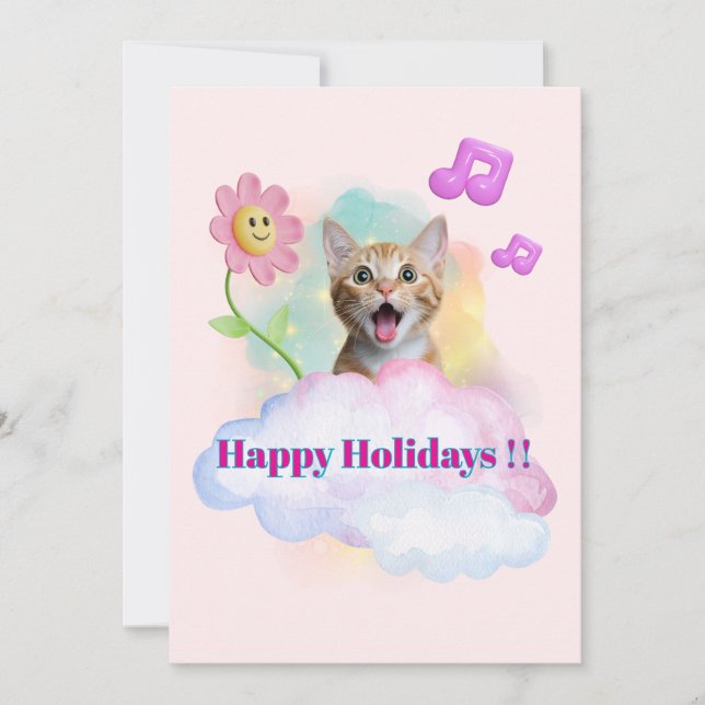 Adorable 'Happy Holidays' chatting cat ♡ Holiday Card (Front)