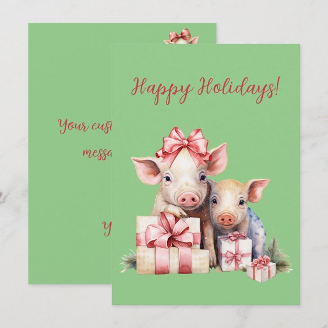 Adorable Happy Holidays Piggies Watercolor Cards (Front/Back)