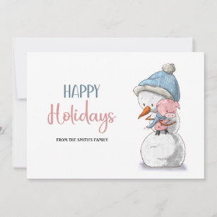Adorable Happy Holidays Snowman Pig Holiday Card