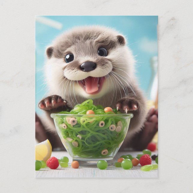 Adorable Happy Otter Making a Salad Postcard (Front)