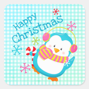 Adorable Happy Penguin Colourful Modern Christmas  Square Sticker