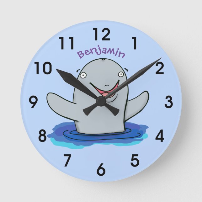 Adorable happy porpoise cartoon illustration round clock (Front)
