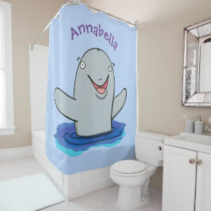 Adorable happy porpoise cartoon illustration shower curtain