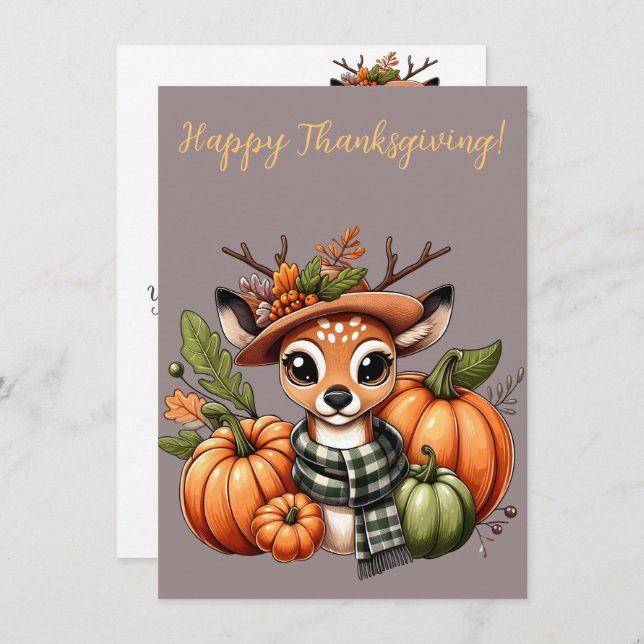Adorable Happy Thanksgiving Deer Watercolor Cards (Front/Back)