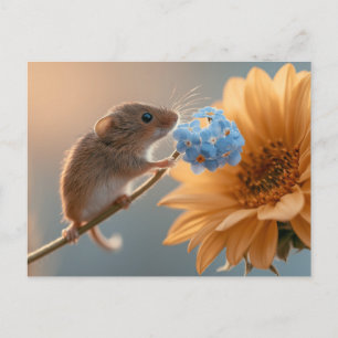Adorable Harvest Mouse Smelling Blue Forget-Me-Not Postcard