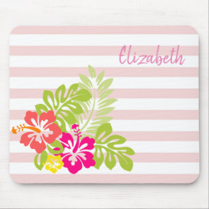 Adorable Hawaiian Hibiskus, Stripes -Personalised Mouse Mat