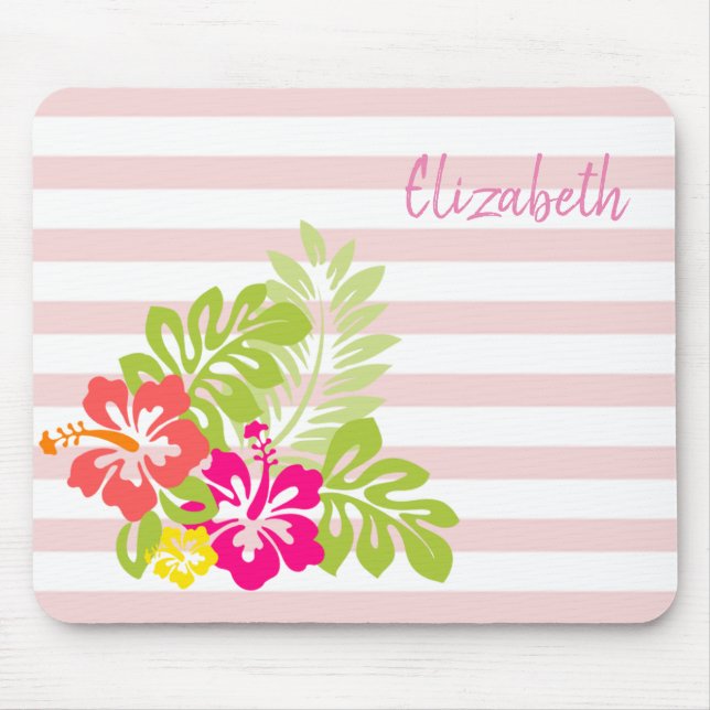 Adorable Hawaiian Hibiskus, Stripes -Personalised Mouse Mat (Front)