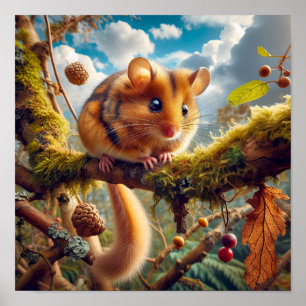 Adorable Hazel Dormouse in a Woodland Tree Poster