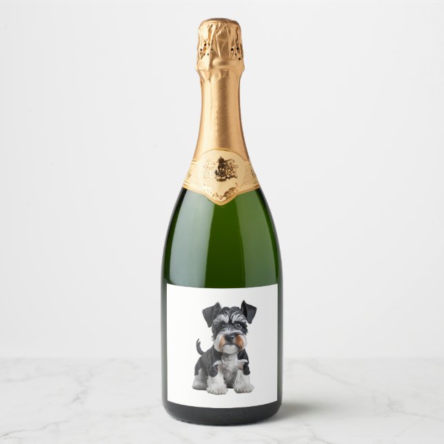 Adorable HD Miniature Schnauzer Puppy Portrait - E Sparkling Wine Label (Front)