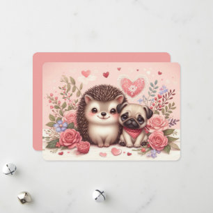 Adorable Hedgehog and Pug Valentine’s Day Card