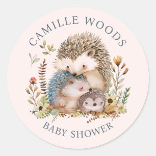 Adorable Hedgehog Family Baby Shower Pink Classic Round Sticker