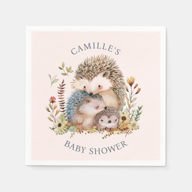Adorable Hedgehog Family Pink Baby Shower  Napkin (Front)