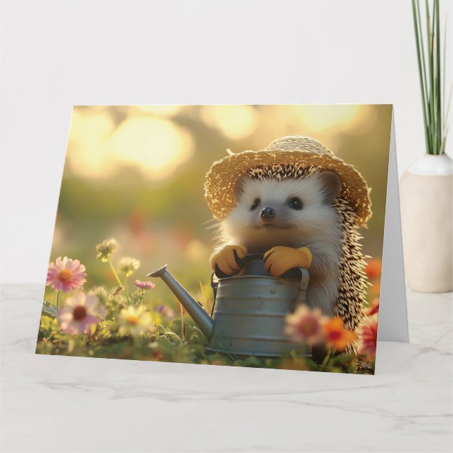Adorable Hedgehog Gardener in a Flower Field Card (Front)