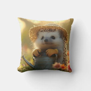 Adorable Hedgehog Gardener in a Flower Field Cushion