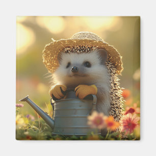 Adorable Hedgehog Gardener in a Flower Field Magnet