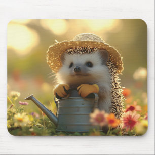 Adorable Hedgehog Gardener in a Flower Field Mouse Mat