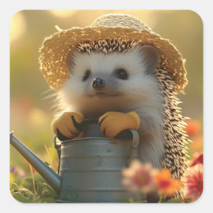 Adorable Hedgehog Gardener in a Flower Field Square Sticker
