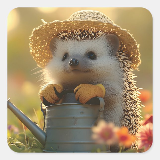 Adorable Hedgehog Gardener in a Flower Field Square Sticker (Front)