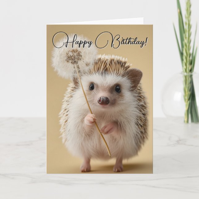 Adorable Hedgehog Holding a Dandelion Card (Front)