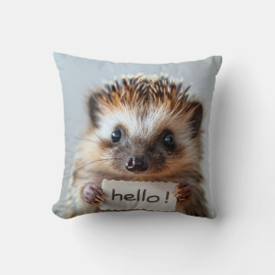 Adorable Hedgehog Holding "Hello!" Sign Cushion