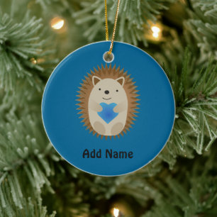 Adorable Hedgehog hugging a Blue Heart Ceramic Tree Decoration