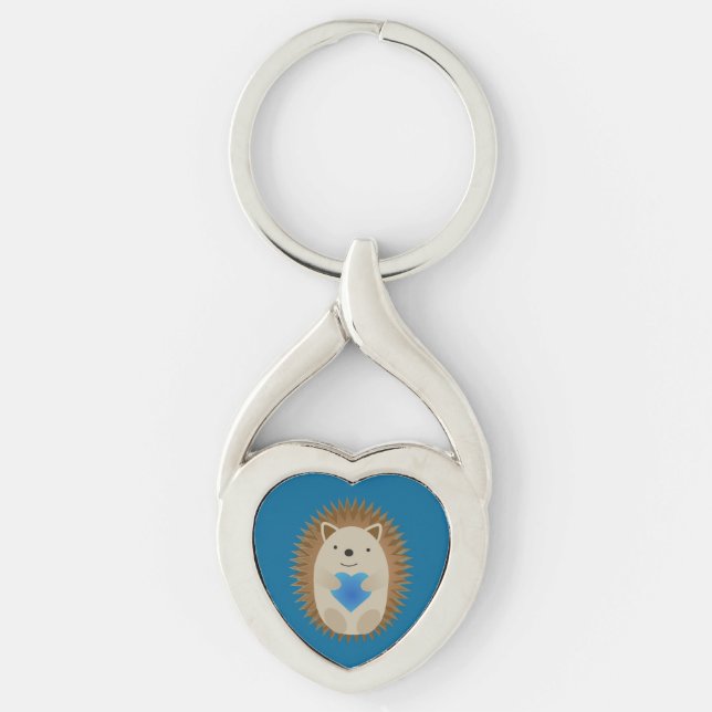 Adorable Hedgehog hugging a Blue Heart Key Ring (Front)