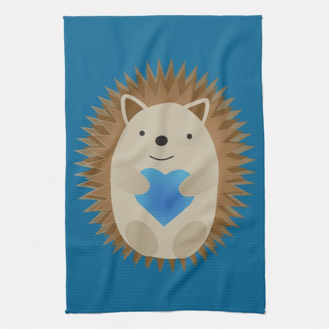 Adorable Hedgehog hugging a Blue Heart Tea Towel (Vertical)