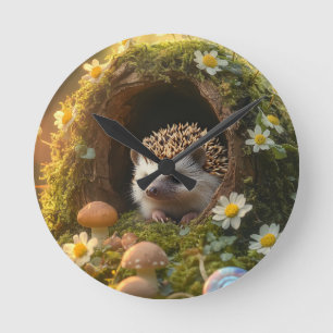Adorable Hedgehog in Mossy Log Home with Flowers Round Clock