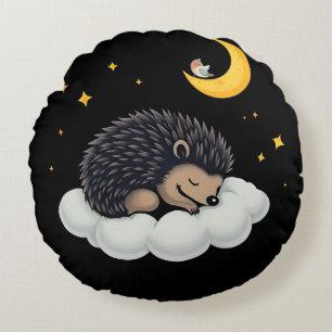 Adorable Hedgehog Sleeping on a Cloud Round Cushion