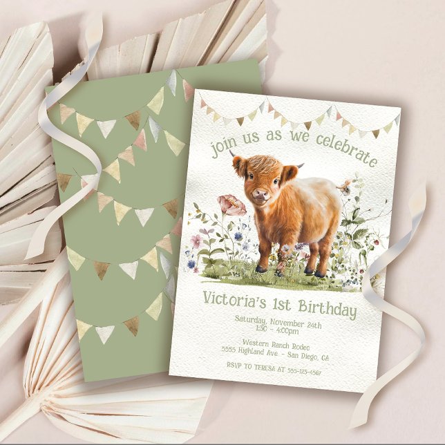 Adorable Highland Cow 1st Birthday Party Invitation (Creator Uploaded)