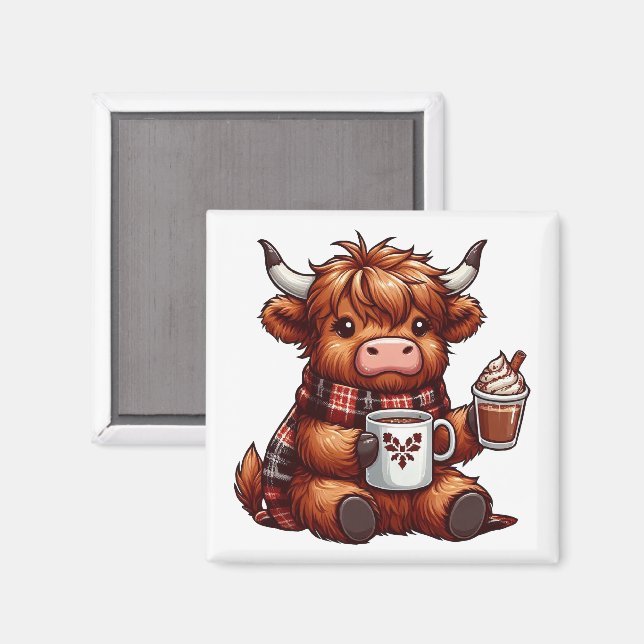 Adorable Highland Cow Enjoying Cosy Beverages  Magnet (Front/Back)