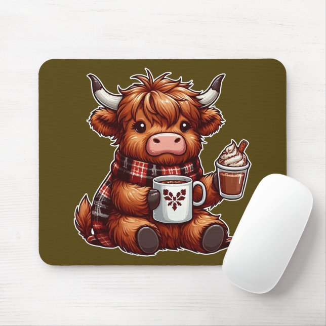 Adorable Highland Cow Enjoying Cosy Beverages  Mouse Mat (With Mouse)