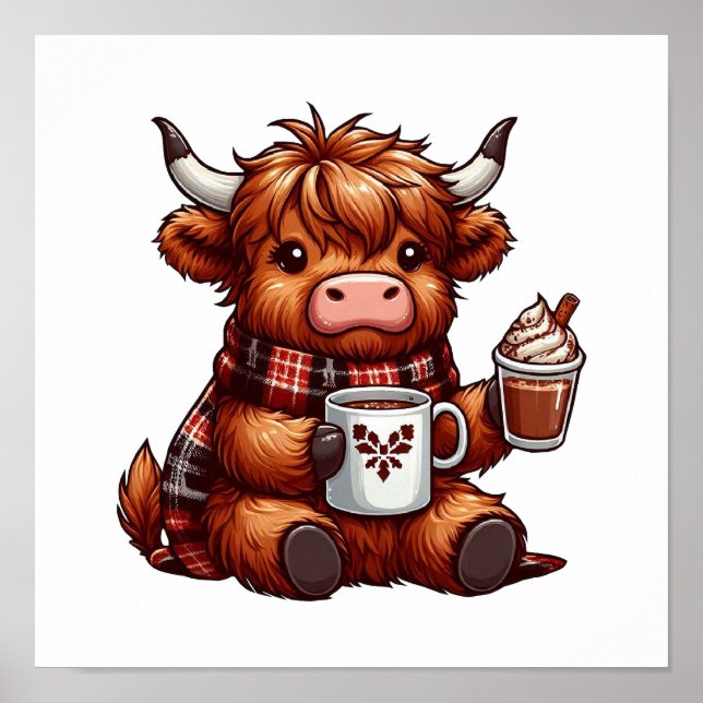 Adorable Highland Cow Enjoying Cosy Beverages  Poster (Front)
